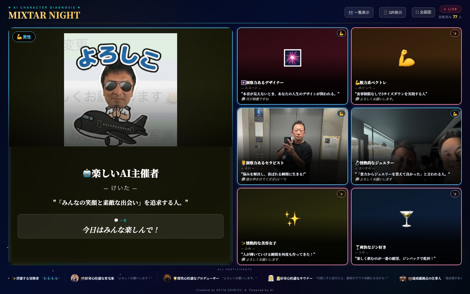 参加者全員のAIキャラクターが並んだ大画面